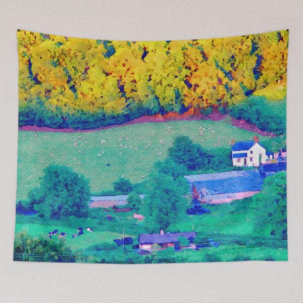 Item preview, Watercolor landscape of sheep and cows grazing in Welsh countryside designed and sold by GestaltImagery.