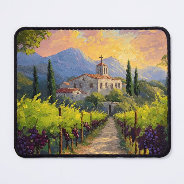 Aperçu de l'œuvre Monastère chrétien dans le paysage viticole de Grèce créée et vendue par Sacrora.