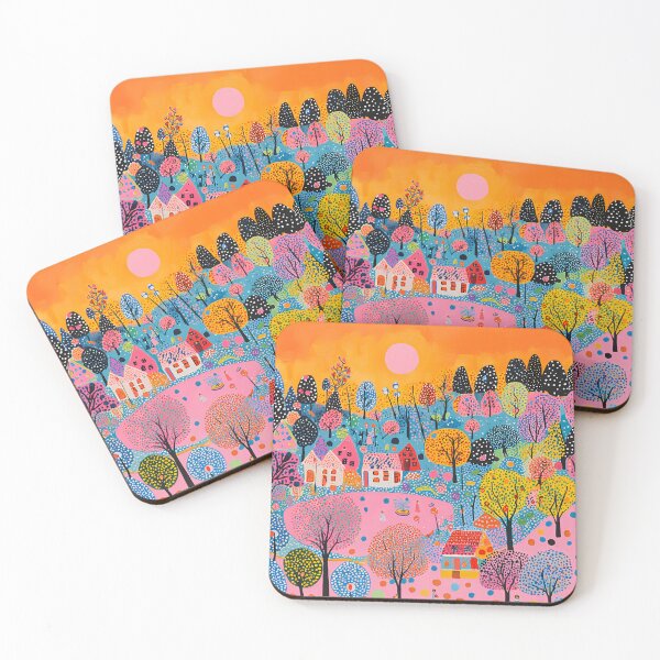 Item preview, Beautiful Pink Sunset, Fantasy Village in Pink and Blue, Polka Dot Pattern designed and sold by Neika Shimm Designs.