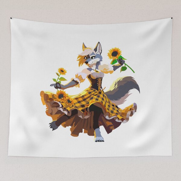 Item preview, Dancing wolf girl in yellow dress, sunflowers designed and sold by KlakkDrawsStuff.
