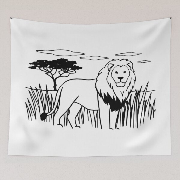 Item preview, Lion Black Lines Savanna Landscape Nature Animal Art designed and sold by ART ATTACK ZONE.