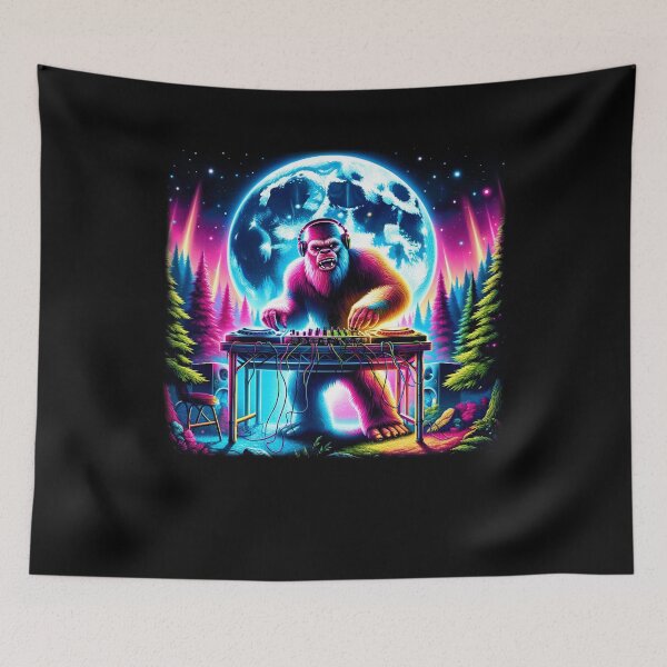 Item preview, Sasquatch Bigfoot DJ DJing in Forest EDM Dance Club designed and sold by Kimberley King Art  King Art.