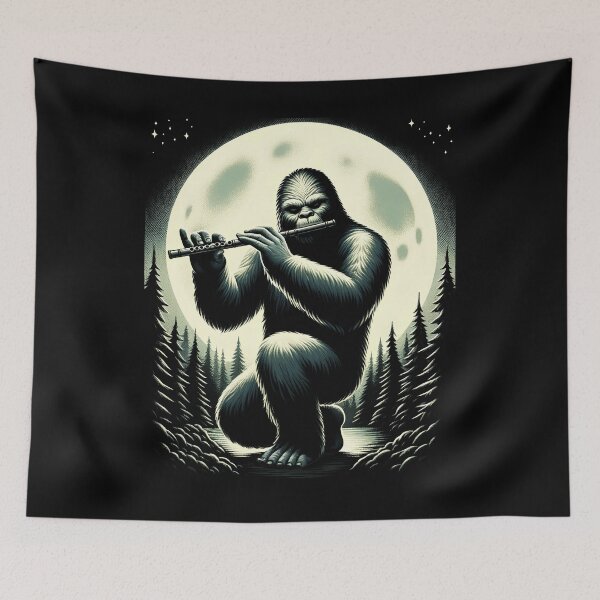 Item preview, Sasquatch Bigfoot Playing Flute on Full Moon Flute Player Flutist designed and sold by Kimberley King Art  King Art.