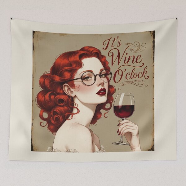 Item preview, Its Wine O'Clock! Red haired woman beautiful poster art designed and sold by Vintage Designs +.