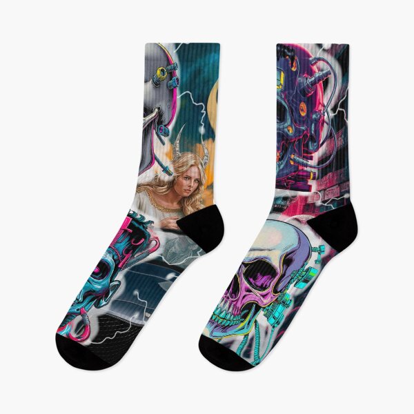 Item preview, Futuristic Cyberpunk Skulls and Mythical Figures in a Surreal Urban Setting designed and sold by Thaivi Design.