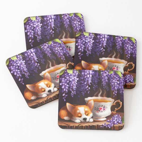 Item preview, cute Corgi puppy sleeping next to a vintage cup under purple blooming wisterias designed and sold by EmeraldeaArt.