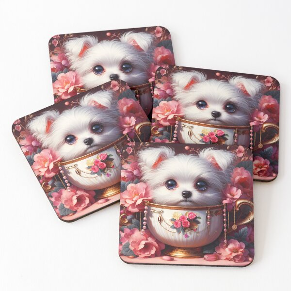 Item preview, cute white small little puppy dog in a vintage cup decorated by pink florals and golden jewelries digitalart designed and sold by EmeraldeaArt.