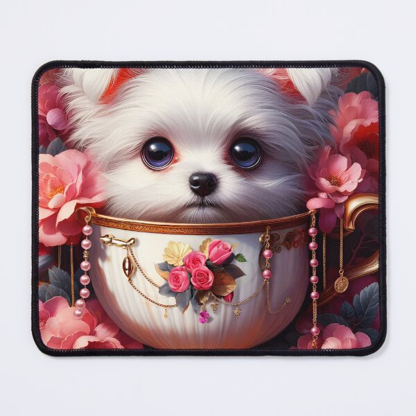 Item preview, cute white small little puppy dog in a vintage cup decorated by pink florals and golden jewelries digitalart designed and sold by EmeraldeaArt.