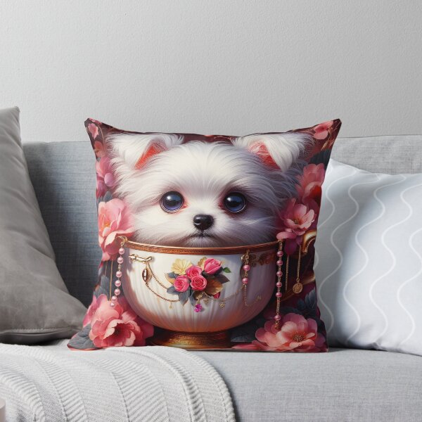 Item preview, cute white small little puppy dog in a vintage cup decorated by pink florals and golden jewelries digitalart designed and sold by EmeraldeaArt.