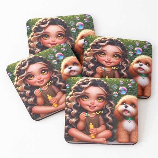 Item preview, A girl and a puppy friendship fun they sitting in a grassy garden and blowing soap bubbles dog is spaniel girl has long wavy striped blong and dark hair cartoon illustration designed and sold by EmeraldeaArt.