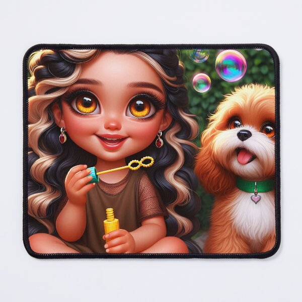 Item preview, A girl and a puppy friendship fun they sitting in a grassy garden and blowing soap bubbles dog is spaniel girl has long wavy striped blong and dark hair cartoon illustration designed and sold by EmeraldeaArt.