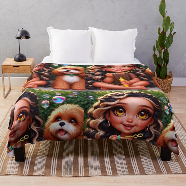 Item preview, A girl and a puppy friendship fun they sitting in a grassy garden and blowing soap bubbles dog is spaniel girl has long wavy striped blong and dark hair cartoon illustration designed and sold by EmeraldeaArt.