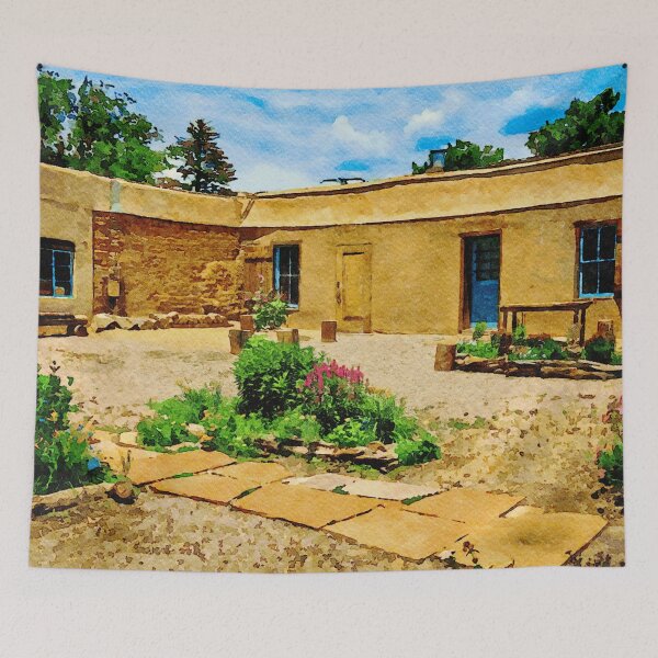 Item preview, Charming adobe courtyard in watercolor depicting Taos, New Mexico designed and sold by GestaltImagery.