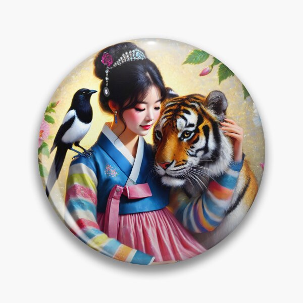 Item preview, south korean girl wearing hanbok sitting with her magpie and tiger friends the national symbols surrounded by hibiscuses digitalart designed and sold by EmeraldeaArt.