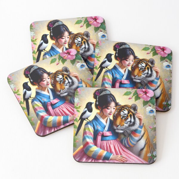 Item preview, south korean girl wearing hanbok sitting with her magpie and tiger friends the national symbols surrounded by hibiscuses digitalart designed and sold by EmeraldeaArt.