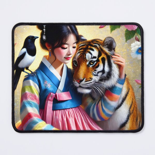 Item preview, south korean girl wearing hanbok sitting with her magpie and tiger friends the national symbols surrounded by hibiscuses digitalart designed and sold by EmeraldeaArt.
