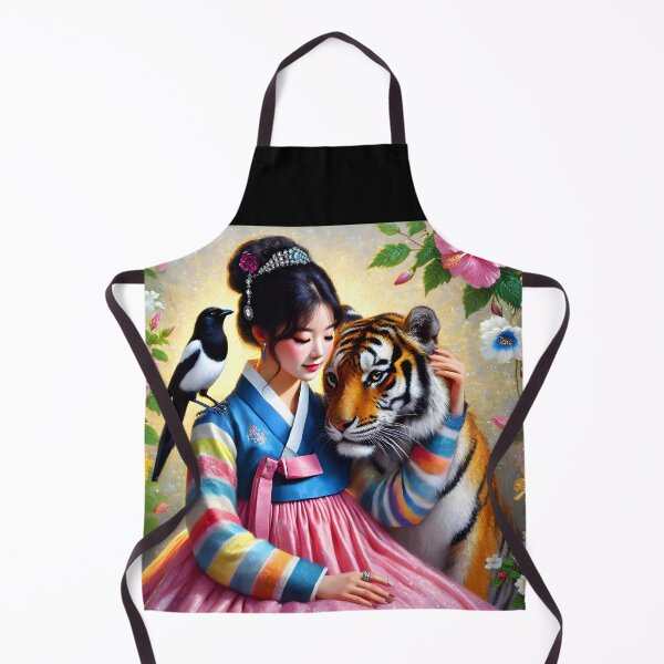 Item preview, south korean girl wearing hanbok sitting with her magpie and tiger friends the national symbols surrounded by hibiscuses digitalart designed and sold by EmeraldeaArt.