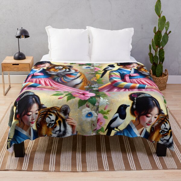 Item preview, south korean girl wearing hanbok sitting with her magpie and tiger friends the national symbols surrounded by hibiscuses digitalart designed and sold by EmeraldeaArt.