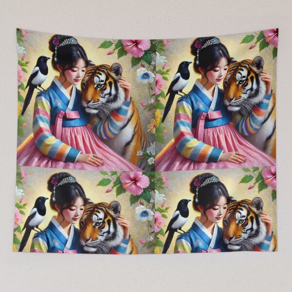 Item preview, south korean girl wearing hanbok sitting with her magpie and tiger friends the national symbols surrounded by hibiscuses digitalart designed and sold by EmeraldeaArt.