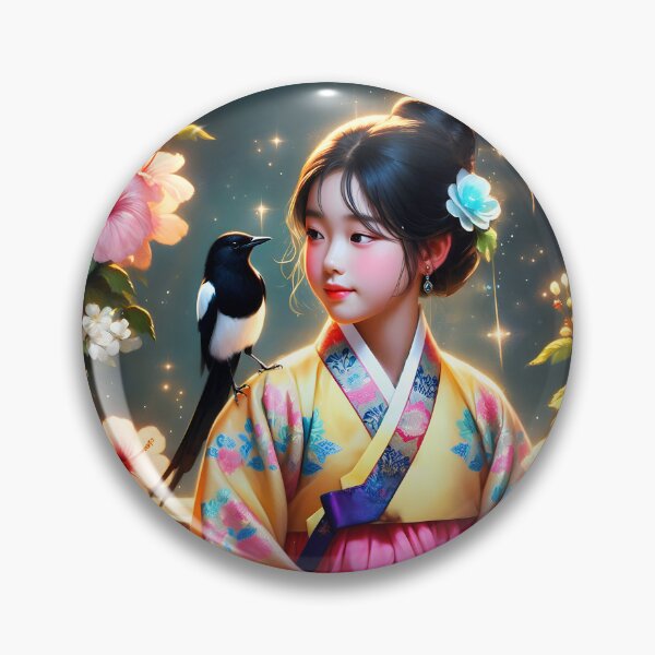 Item preview, South korean girl wearing hanbok looking at the magpie friend on her shoulders surrounded by hibiscuses digitalart designed and sold by EmeraldeaArt.