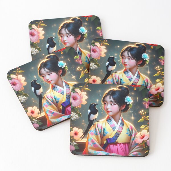 Item preview, South korean girl wearing hanbok looking at the magpie friend on her shoulders surrounded by hibiscuses digitalart designed and sold by EmeraldeaArt.