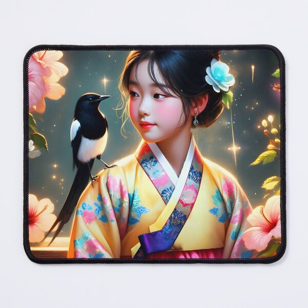Item preview, South korean girl wearing hanbok looking at the magpie friend on her shoulders surrounded by hibiscuses digitalart designed and sold by EmeraldeaArt.