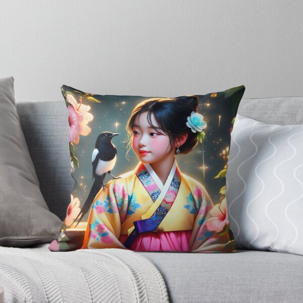 Item preview, South korean girl wearing hanbok looking at the magpie friend on her shoulders surrounded by hibiscuses digitalart designed and sold by EmeraldeaArt.