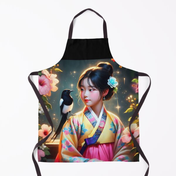 Item preview, South korean girl wearing hanbok looking at the magpie friend on her shoulders surrounded by hibiscuses digitalart designed and sold by EmeraldeaArt.