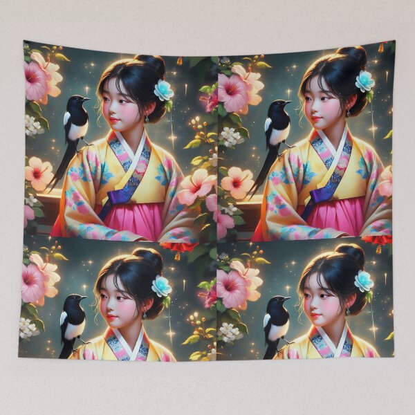 Item preview, South korean girl wearing hanbok looking at the magpie friend on her shoulders surrounded by hibiscuses digitalart designed and sold by EmeraldeaArt.