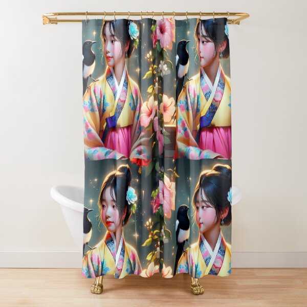 Item preview, South korean girl wearing hanbok looking at the magpie friend on her shoulders surrounded by hibiscuses digitalart designed and sold by EmeraldeaArt.