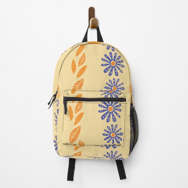 Item preview, Blue flowers, orange leaves, sophisticated stripes on buttercream designed and sold by KOUZZA.