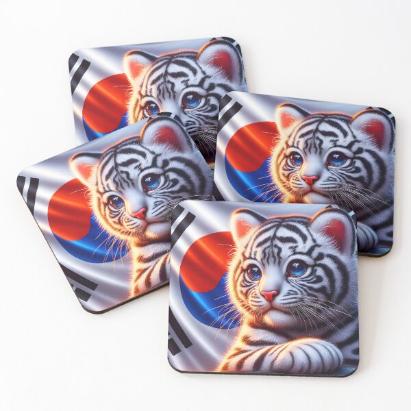 Item preview, Syberian white tiger cute adorable digital portrait with a south korean flag designed and sold by EmeraldeaArt.