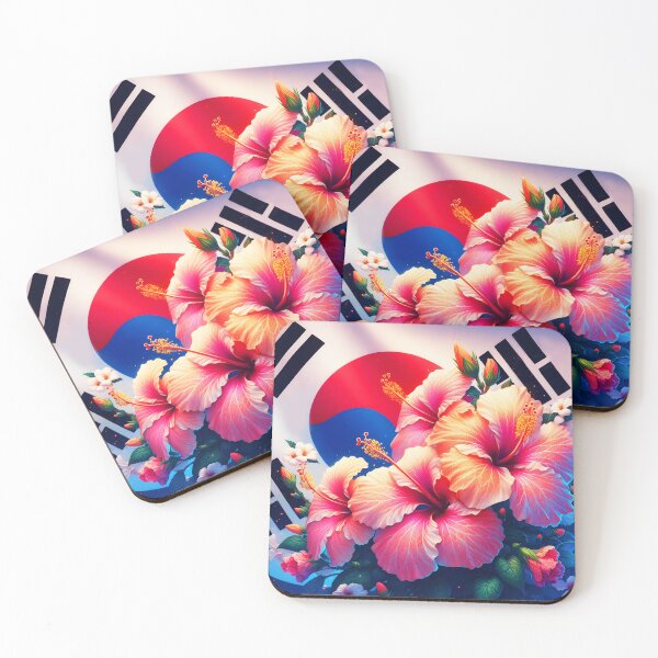 Item preview, pink hibiscus national flower Mugunghwa against a south korean flag digitalart designed and sold by EmeraldeaArt.