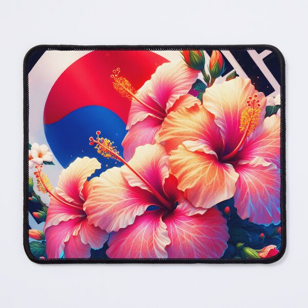 Item preview, pink hibiscus national flower Mugunghwa against a south korean flag digitalart designed and sold by EmeraldeaArt.
