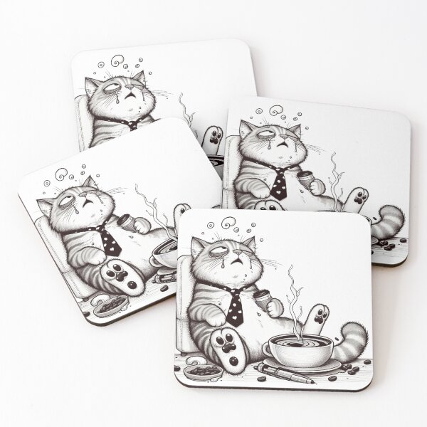Item preview, lazy cat drinking coffee designed and sold by Wild Whiskers Studio.