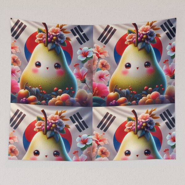 Item preview, south korean kawaii pear national fruit asian pear surrounded by hibiscuses cute digitalart  designed and sold by EmeraldeaArt.