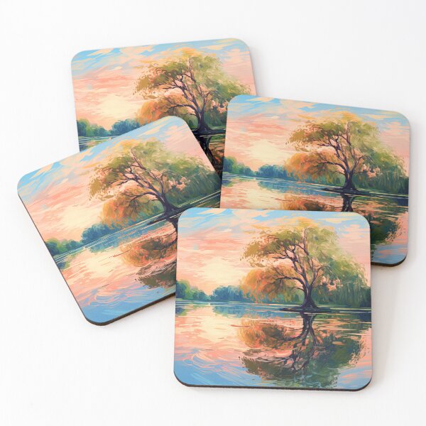 Item preview, Lonely tree in lake at sunrise - Landscape painting designed and sold by TheArtistOf2022.