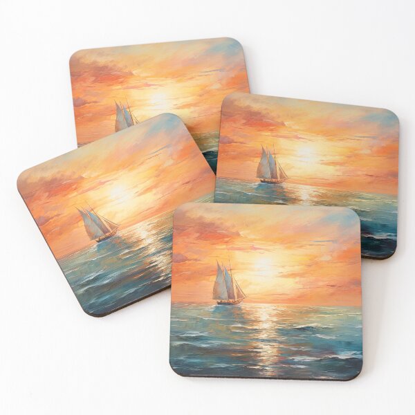 Item preview, Sailing boat in ocean at sunset - Acrylic landscape painting designed and sold by TheArtistOf2022.