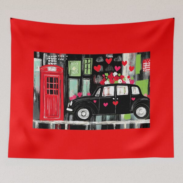 Item preview, Valentine's Day in London - Vintage Black Taxi and Iconic Red Phone Booth with Whimsical Hearts designed and sold by OlfactoART Studio.