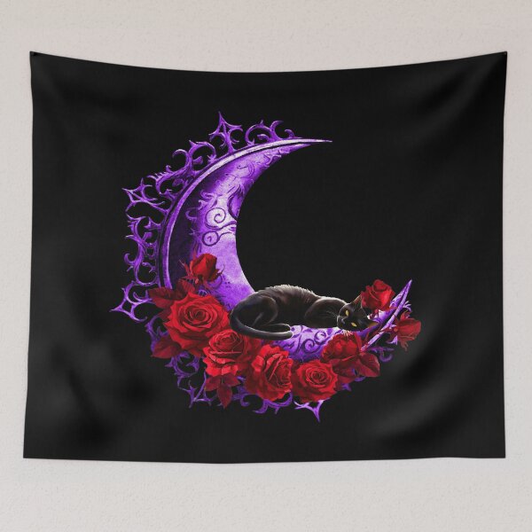 Item preview, cat motif, crescent moon, rose petals designed and sold by Kirei-Lily.