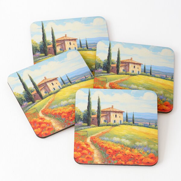 Item preview, Tuscany fields and farmhouse on hills with poppies - Landscape painting designed and sold by TheArtistOf2022.