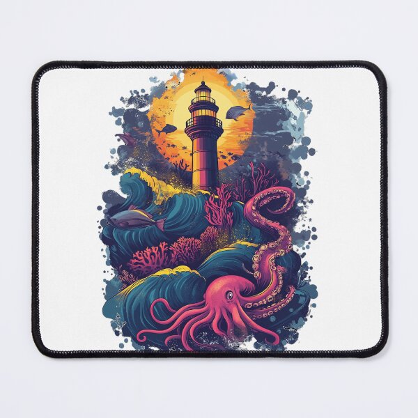 Item preview, Mystical Lighthouse & Ocean Creature – Fantastic Sea Illustration designed and sold by inksavvystudio.