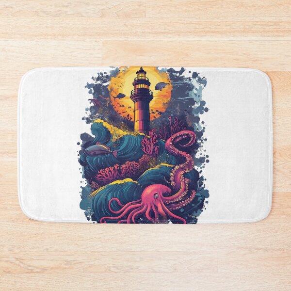 Item preview, Mystical Lighthouse & Ocean Creature – Fantastic Sea Illustration designed and sold by inksavvystudio.
