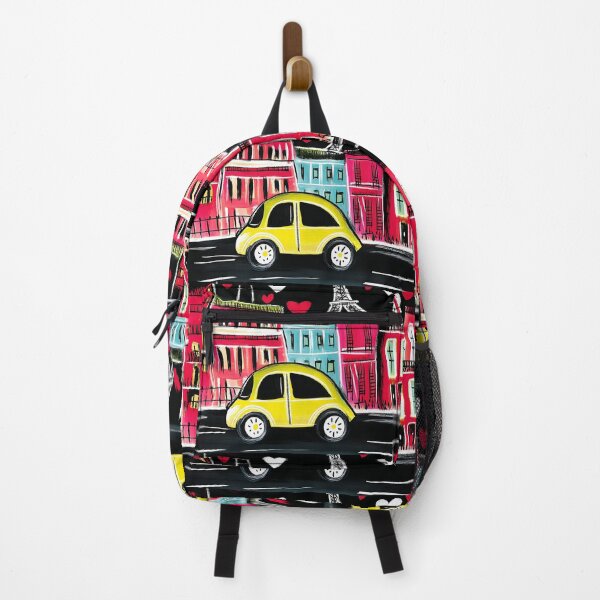 Item preview, Paris Valentine Night - Yellow Car Passing Colorful Buildings with Eiffel Tower and Floating Hearts designed and sold by OlfactoART Studio.