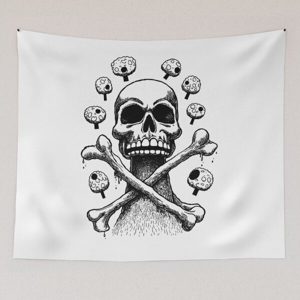 Item preview, Funny skull and bones with mushrooms japan manga anime comix ink drawing designed and sold by VonKalt.