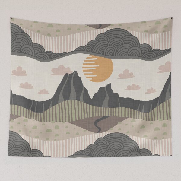 Item preview, Serene harmonious Japandi style landscape linen textured 1 designed and sold by Designsbyluzia.