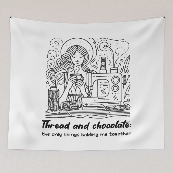 Item preview, sewing and hot chocolate, linear design designed and sold by EwaVerse.