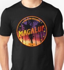 Magaluf, Magaluf tshirt, Magaluf sticker, Spain, with palmtrees, black bg Unisex T-Shirt