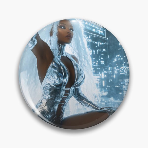 Item preview, A woman with silver hair poses in a shiny outfit amid glowing digital screens in a high-tech setting. The scene radiates a vibrant energy. designed and sold by anytka.