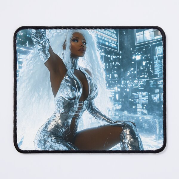 Item preview, A woman with silver hair poses in a shiny outfit amid glowing digital screens in a high-tech setting. The scene radiates a vibrant energy. designed and sold by anytka.